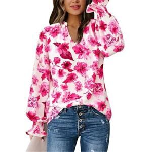 Floral V Neck Blouse Puff Long Sleeve Casual Women Top Pink